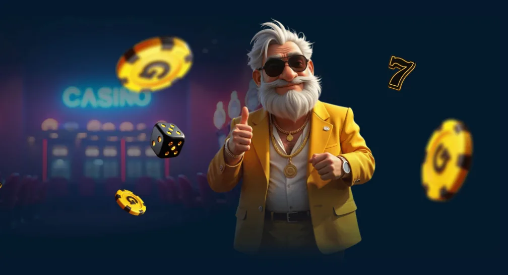 Le personnage Carry Casino en costume jaune, entouré de jetons et de dés